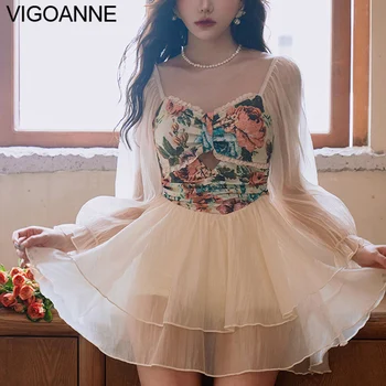 VigoAnne רשת שרוול ארוך שמלה בגדי ים נשים 2023 לדחוף את הולו אחד חתיכת בגד ים קוריאנית Monokini ללא משענת בגד ים