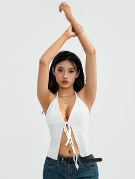 y2k העליון אופנה נשים צבע מוצק ספגטי רצועת Sleevleess פתח חזית החולצה קוריאנית אסתטי בגדים אופנת רחוב