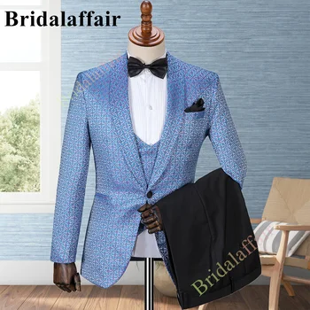 Bridalaffair חייט אור כחול צעיף דש חליפות גברים לחתונה לחתן חליפות בלייזרס מעיל מכנסיים Slim Fit הנשף Terno Masculino