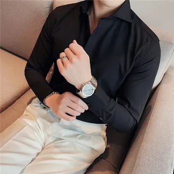 4Colors סתיו חדש איכות מרקם שרוול ארוך חולצות לגברים ביגוד 2023 עסקים ללבוש רשמי Slim Fit שורה אחת צווארון החולצה.