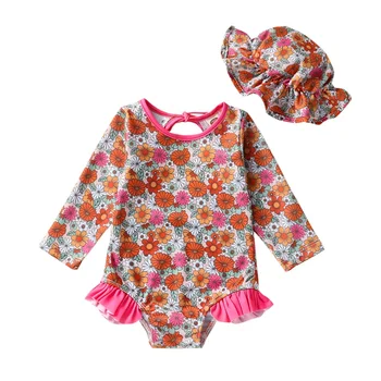 ילד בנות רומפר בגדי שרוול ארוך צוואר עגול פרחים / עלים חוף בריכה בגד בגדי ים קצרים רומפר + כובע