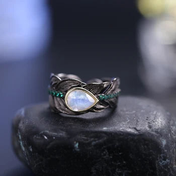 פנינה של BALLETMilky כחול ירח חן בעבודת יד טבעת כסף סטרלינג מתכוונן טבעת נוצה מתנה בשבילה יוני הולדת