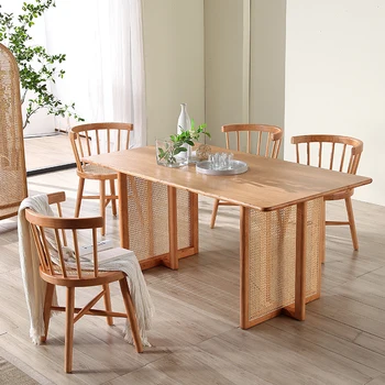 נורדי אוכל עץ מלא, שולחן קש ארוג מלבני, שולחן וכיסאות, פשוטה אלון אחד שולחן, ארבעה כיסאות, שולחן אוכל
