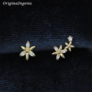 מוצק זהב 9K פרח עגילים עדינות זירקון אסימטרי עגילי זהב 9k תכשיטים מינימליסטי להכתים Resistan תכשיטים יפים