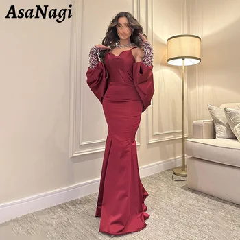 AsaNagi בתולת ים חרוזים שמלות ערב לנשים ספגטי רצועת שרוול ארוך מסיבת שמלה לנשף באורך רצפת רשמי שמלות אירוע