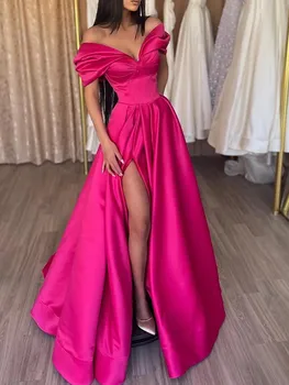 ערב שמלת נשף V-כרטיס כתף שרוול קצר סאטן חרך ורוד אלגנטי פשוט סגנון אורך רצפת 2023