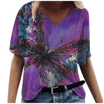 אופנה פרפר ציור 3D להדפיס חולצות נשים קיץ חולצת מזדמן מנופחים נשי משוחרר V-צוואר העליון טי Y2k בגדים