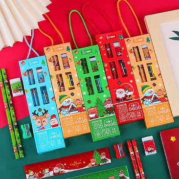 5Pcs/set חג המולד העט חמוד עפרונות מחדד מחק לילדים מתנות חג המולד Kawaii 