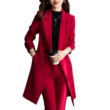 מעיל מעילי נשים סתיו חורף להאריך ימים יותר שרוול ארוך 2023 חדש קוריאני אופנה כפול עם חזה מזדמנים באמצע זמן בלייזר מעילים