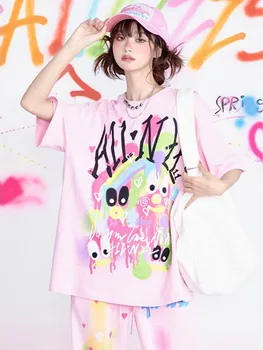 Deeptown Kawaii גרפיקה להדפיס חולצות נשים Harajuku אופנה Y2k ילדה מתוקה מקסימום מזדמנים חמוד קריקטורה שרוול קצר Tees הקיץ