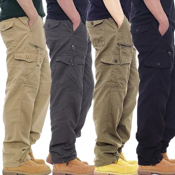 אוברול כותנה טהורה של גברים מזדמנים מכנסיים אלסטיים במותניים גודל גדול המכנסיים רב כיס מכנסיים רפויים אתר הבנייה המכנסיים