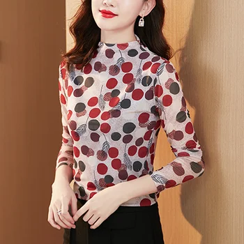 מ-4XL 2023 אופנה חדשה רשת מקסימום אלסטי שרוול ארוך חולצת סתיו חורף קוריאני נשים שרוול ארוך קרקעיות החולצה