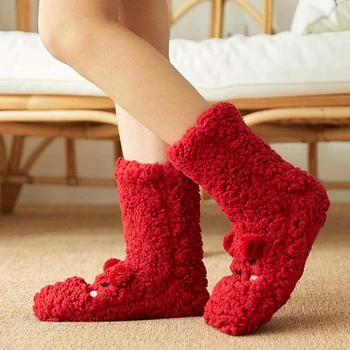 החורף קומה קטיפה עיבוי חם גרביים קורל קטיפה חיה גרפי גרביים בסגנון יפני הביתה נעלי Non-להחליק
