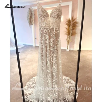 Lakshmigown יוקרה תחרה שמלת חתונה עבור נשים רצועות ספגטי בסגנון בוהו 2023 סקסי קו החוף שמלות כלה