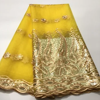 צרפתית אפריקאית תחרה בד Guipure נצנצים טול תחרה הניגרי Tissu רשת הודו תחרה על שמלת חתונה זהב ירוק צהוב KYX02A