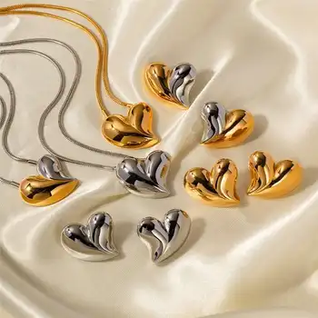 זהב צבע כסף מוגזמים גדול בצורת לב נירוסטה עגילי תליון שרשרת סט נקבה תכשיטים