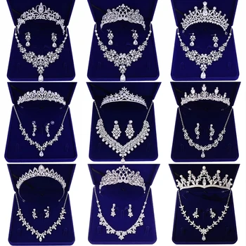 אופנה זירקון כלה תכשיטים מגדיר חתונת הכתר שרשרת עם עגילים סיכת קריסטל פרל כתרים וכתרים אביזרי שיער נשים