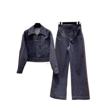 ג 'קט ג' ינס קצר גבוה מותן רחבה הרגל מכנסי חליפה קצרים slim-fit גרסה צבע ניגודיות רוכסן נוחות 2023 סתיו/חורף