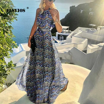 אופנה נשים סקסיות או צוואר הקולר הדפסה קיץ שמלה מזדמן בוהמיה שרוולים חג החוף שמלות ארוכות אלגנטי סלים Vestidos