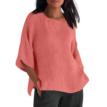 נשים וינטאג', טי-שירט 2023 סתיו ג ' קט חורף צוואר עגול מוצק צבע שרוולים ארוכים אלגנטי גג רופף גודל חולצת טריקו