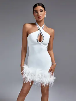 לבן תחבושת שמלה נשים קריסטל המפלגה שמלת Bodycon יוקרה אלגנטית נוצה סקסי מיני ערב יום הולדת במועדון תלבושות קיץ 2023