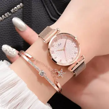2Pcs/Set נשים שעון צמיד ערכת עגול חיוג הספרות מצביע מבריק מדויק גבירותיי קוורץ שעון יד צמיד יהלומים מלאכותיים