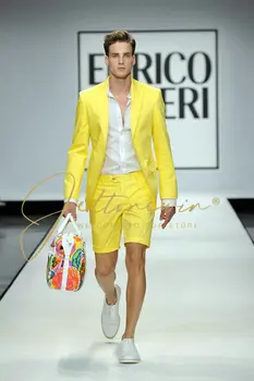 צהוב גברים בחליפות עם מכנסיים קצרים 2 חתיכות קיץ החוף מסוגנן חתונה נשף סגנון מקרית Slim החתן חליפות בלייזר סטים