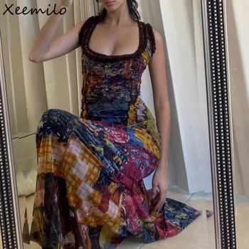 Xeemilo בציר ציור שמן הדפסה שמלה סקסית מחשוף גב חלול החוצה ללא שרוולים שמלות מקסי אסתטי מסיבת Clubwear סלים Vestidos