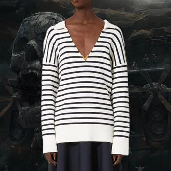 NIGO פס עיצוב V צוואר ארוך שרוול הסוודר של נשים אופנה לבן פס שחור לסרוג סוודר פסים Ngvp #nigo6178