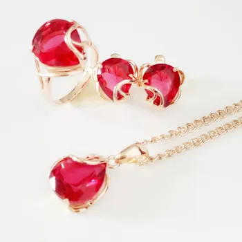 אירוסין תכשיטים מגדיר המשרד סגנון רוז 585 צבע זהב נשים תכשיטים אדום זרקונים השרשרת/טבעת/עגילים סטים
