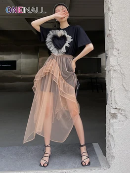 ONEINALL מזדמן שני חתיכת קבוצה נשים צוואר עגול שרוול קצר שחור חולצת גבוהה המותניים רשת Midi חצאית רופפת חליפות בגדים 2022