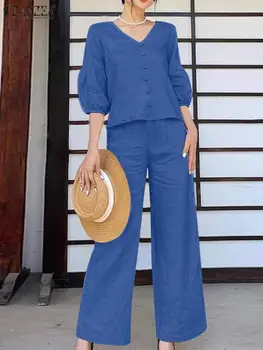 ZANZEA אופנה התאמת קבוצות אלגנטי מוצק החליפה 2PCS3/4 השרוול V-צוואר חולצה רופף שאיפה אישה מקרית המשרד OL תלבושות ענק.