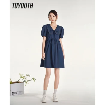 Toyouth נשים שמלת 2023 קיץ, שרוול קצר צווארון מלח A-צורה מותניים צרים קשת אביזרי קישוט בסגנון הים התיכון חצאית