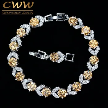 CWWZircons אופנה יצר תכשיטים תכשיטי זהב עגול לחתוך שמפניה צהוב CZ קריסטל צמידים צמידים מתנה לנשים CB182