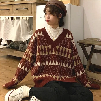 סוודרים נשים וינטאג ' ארגייל קוריאני כל-התאמה שיק V-צוואר בנות Pullovers תלמיד עצלן סגנון פופולרי בחורף סוודר צבעוני