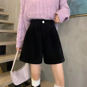 2023 נשים מכנסיים קצרים סתיו, חורף סגנון קוריאני מוצק קורדרוי חדש מזדמן אופנה גבוהה המותניים כיסים רחב הרגליים Feminino Y55