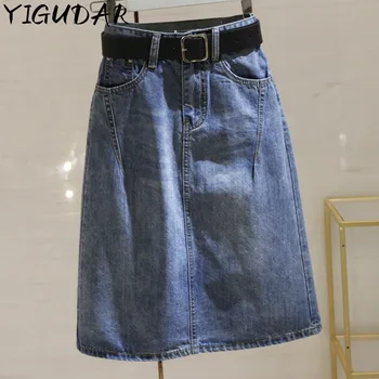 2023 אביב קיץ נשים חצאיות ג 'ינס עם חגורה מזדמן רופף גבוהה המותניים אמצע אורך חצאיות כחולות פיצול חצאיות ג' ינס חצאיות נשים
