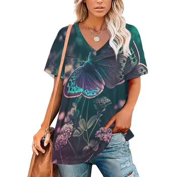 אופנה של נשים טי Y2k אופנת רחוב פרפר פרחוני אמנות הדפס קיץ מזדמן חולצת שרוול קצר חולצה למעלה