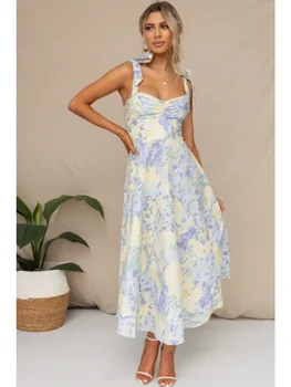 נשים קיץ הדפס פרחוני מקסי שמלה ארוכה אלגנטית מזדמן אופנה Bodycon Slim V צוואר מחשוף גב ' קט להחליק 2023 שמלה חדשה.