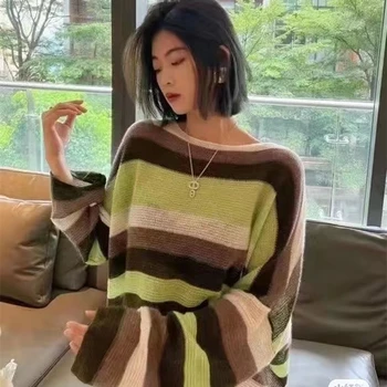 אופנה קוריאנית פסים סריגים נשים 100% צמר מרינו בגדים העליון O-צוואר קט קליל משוחרר Larg בסתיו / חורף
