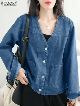 ZANZEA נשים ג 'ינס מעילי האופנה השרוול הארוך רטרו הלבשה עליונה 2023 סתיו V-צוואר ז' קטים מקרית חופשי כיסי המעיל אופנת רחוב