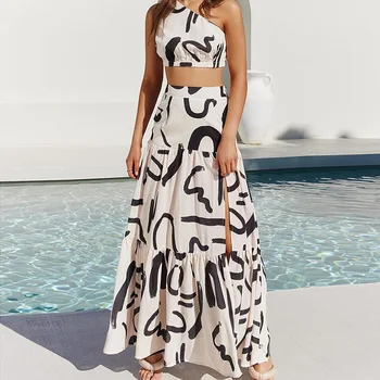 אופנה נשים שתי ערכות קטע הקיץ תקציר מודפס אלכסוני כתף קצרה העליון חרך חצאית סטים אלגנטי נשי תלבושות