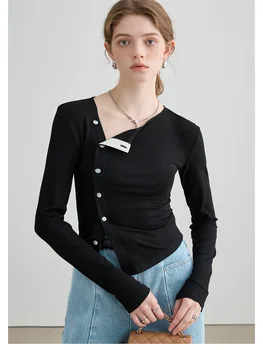 MOLAN שחור עיצוב אישה חולצה סתיו אופנה חדשה שרוול ארוך O-צוואר כפתור אופי מזדמן חולצת בגד נשי חמוד העליון
