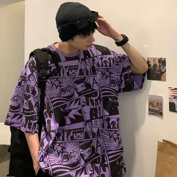 פנאי אופנת נוער צוואר עגול חולצת הטריקו רפוי עיר אופנתית בסגנון גברי חדש קיץ Y2k אופנת רחוב Harajuku יסודות