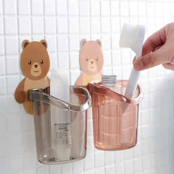 מחזיק מברשת שיניים דוב חמוד תבנית בצורת כוס יניקה יצירתי מברשת שיניים מתלה שירותים לא-חוצה אחסון מדף