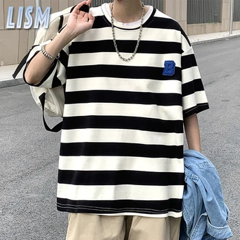 LISM שרוול קצר עם פסים חולצה של הגברים הקיץ רטרו מגמה מנופחים טי העליון Mens קוריאני סגנון וינטאג ' Tshirts חופשי אופנת רחוב