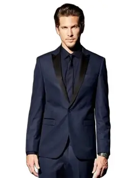 2Pcs כחול כהה מעיל מכנסיים עם שחור שיא דש כפתור 1 החתן חליפות גברים טוקסידו לגברים חתונה נשף חליפות(ז ' קט+מכנסיים+עניבה)
