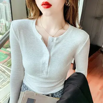 רזה בגדי אישה חולצה 2023 לבן עליונה לנשים קוריאה מסוגנן מעצב סיבתי חולצת טי Kpop חדש ויפה רגיל טי