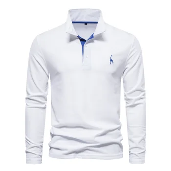 חדש Techwear גברים צבי רקמה, חולצות פולו Y2K מוצק שרוול ארוך בצבע לבן פולו חולצה לגברים חברתי העסק הסורר זכר