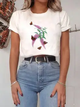 חולצות טי העליון הדפסה נשים מצוירות החולצה הנשית צמח פרח פרפר אופנה בגדי קיץ, שרוול קצר טי גרפי